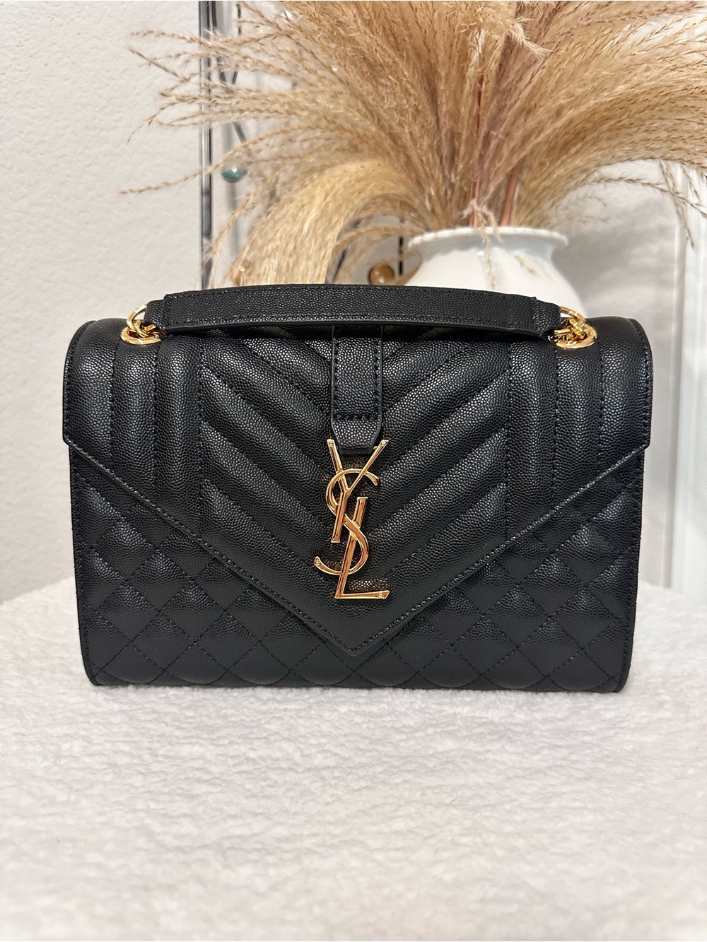 Black Quilted Leather Shoulder Bag with Gold Logo, Designer Inspired Purse